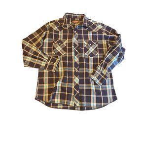 Wrangler Mens Western Plaid Shirt L Pearl Snap Button Long Sleeve Blue Cotton